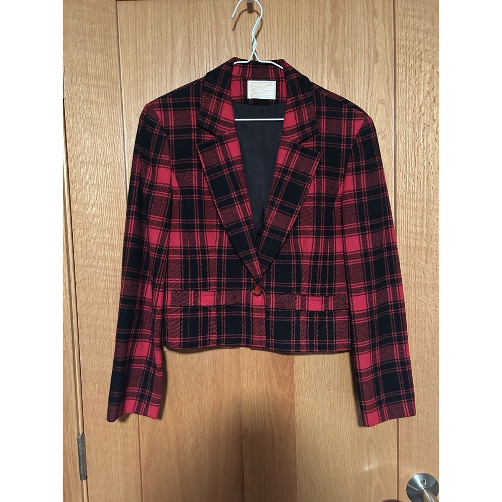 Vintage 90s Pendleton Wool Red Black Plaid Buffalo Check Women's Blazer Jacket 8